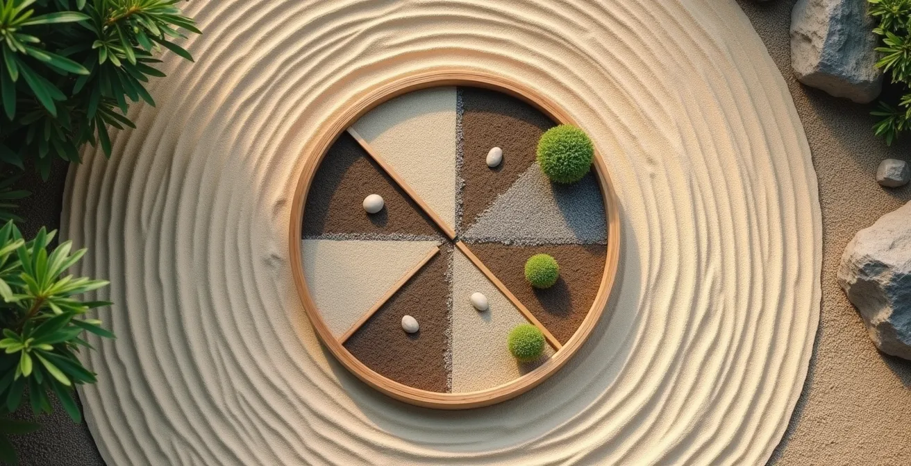 Vue aérienne d'un jardin zen circulaire avec quatre sections distinctes représentant les piliers de l'épanouissement