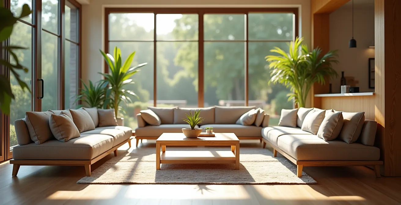 Espace de vie collectif lumineux avec résidents partageant un moment convivial