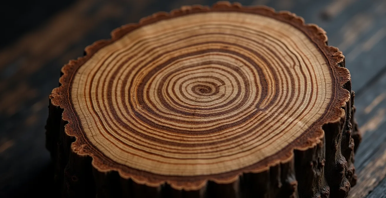 Détail macro d'un arbre généalogique sculpté dans du bois ancien avec des traces de croissance