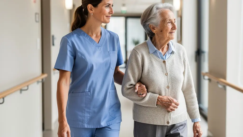 Soignante accompagnant une résidente dans un couloir lumineux en respectant son rythme de marche