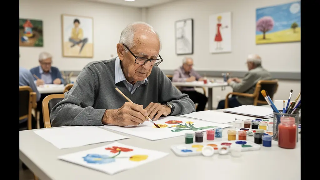Résident concentré sur une activité de peinture dans un atelier lumineux d'établissement