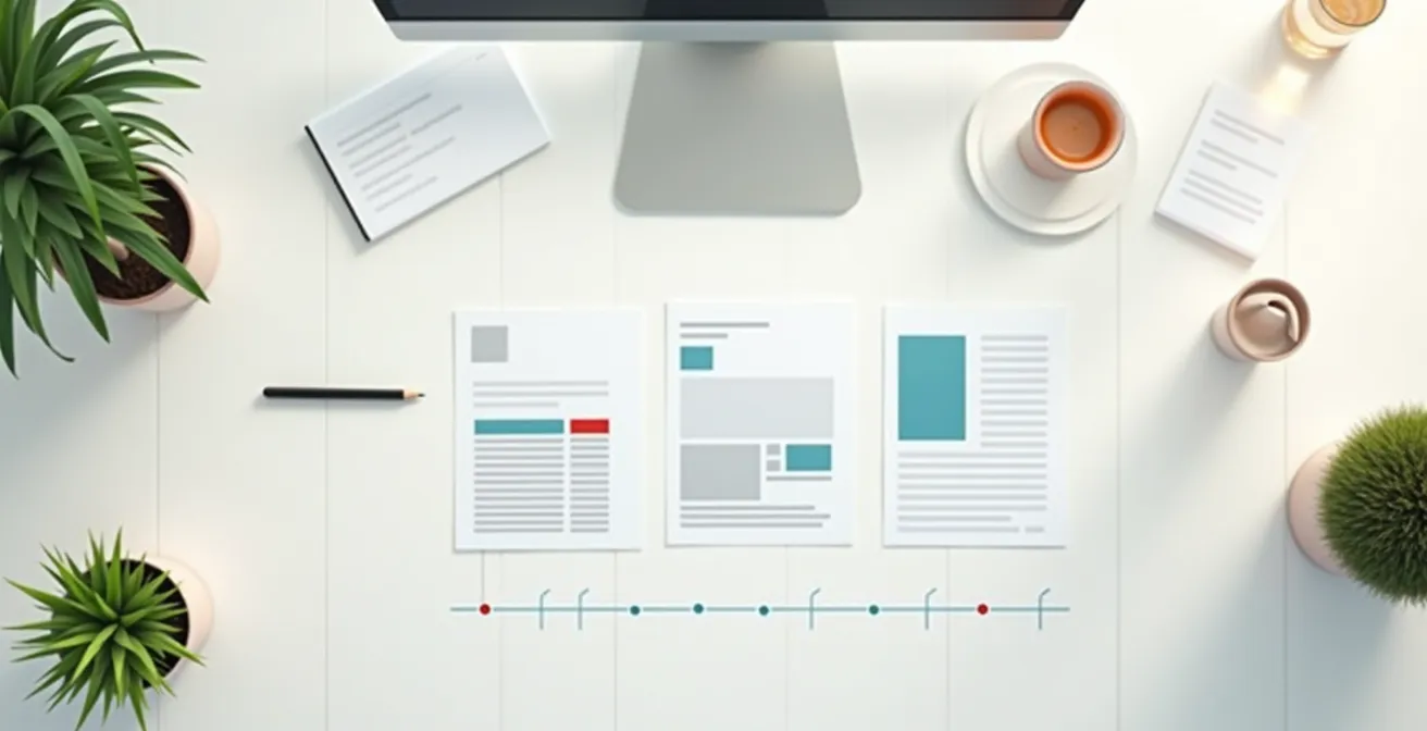 Vue aérienne d'un bureau avec calendrier et documents de planification retraite organisés chronologiquement