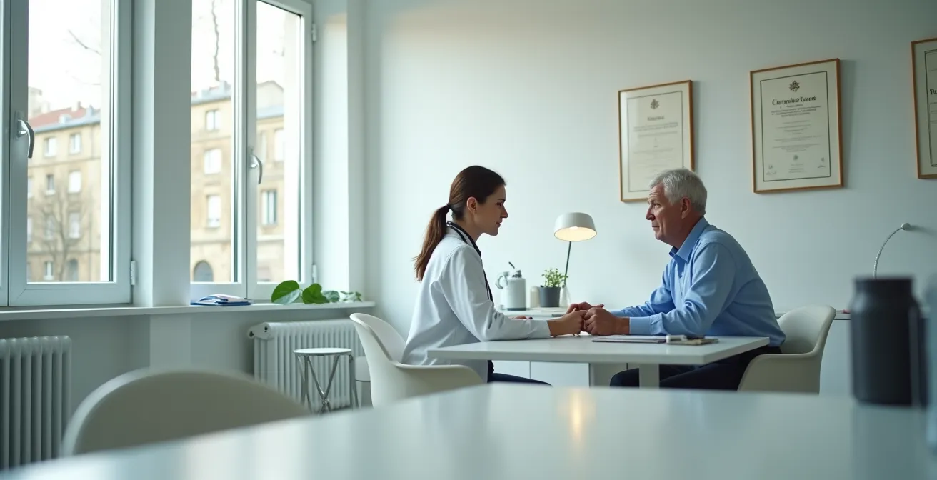Consultation médicale entre un médecin et un patient senior dans un cabinet lumineux