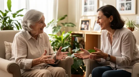 Échange chaleureux entre une résidente âgée et sa fille dans un salon lumineux d'établissement