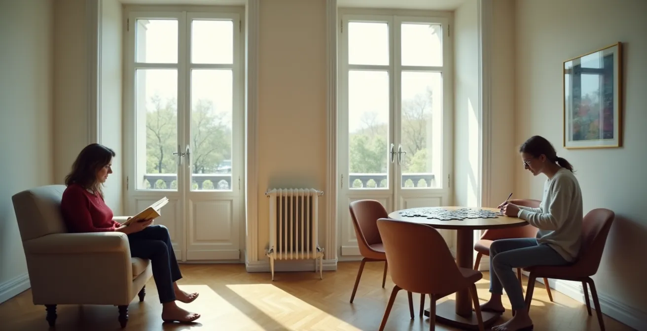 Vue large d'un salon où deux personnes pratiquent des activités différentes dans des espaces distincts