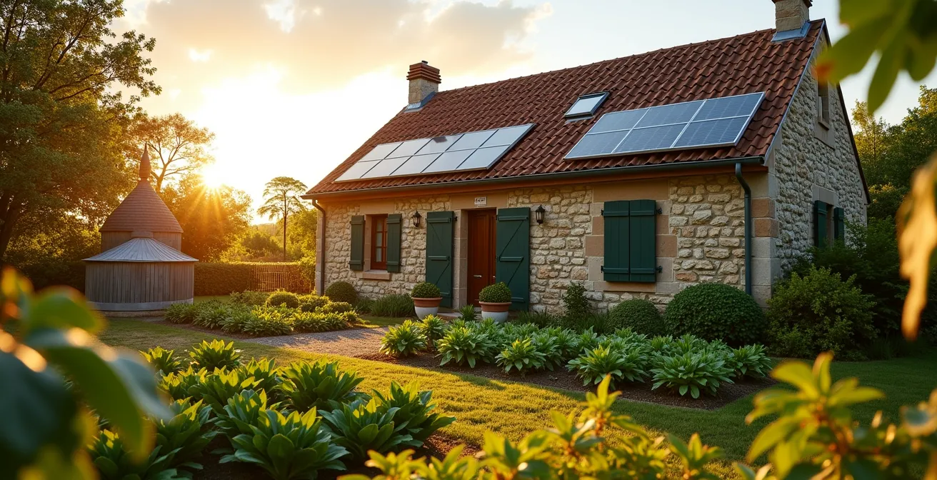 Gîte traditionnel français avec panneaux solaires et jardin potager biologique