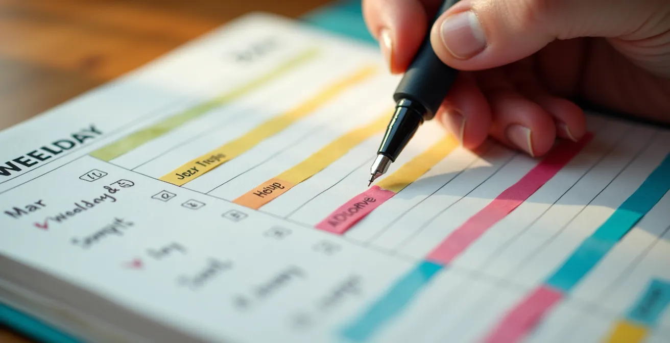 Vue macro d'un agenda hebdomadaire ouvert avec des annotations colorées et une main tenant un stylo