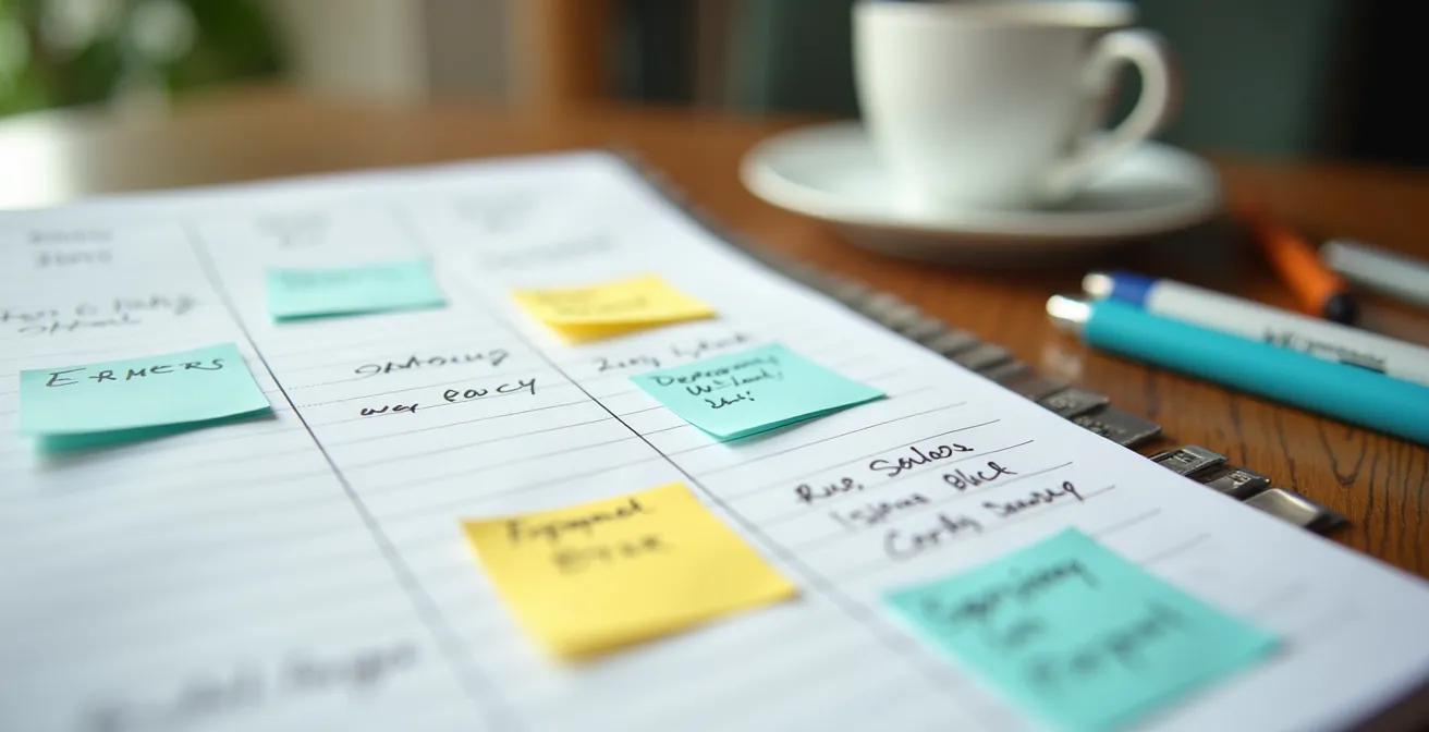 Vue macro d'un agenda papier avec des blocs de temps colorés représentant l'équilibre entre bénévolat et loisirs