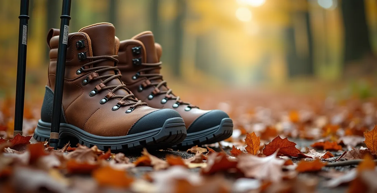 Gros plan sur chaussures de randonnée et bâtons de marche sur sentier forestier