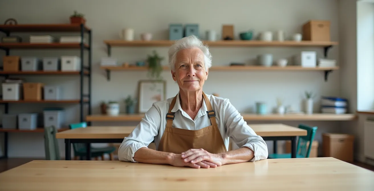 Portrait environnemental d'un senior dans un espace associatif vaste et calme, montrant la sérénité après avoir trouvé son équilibre