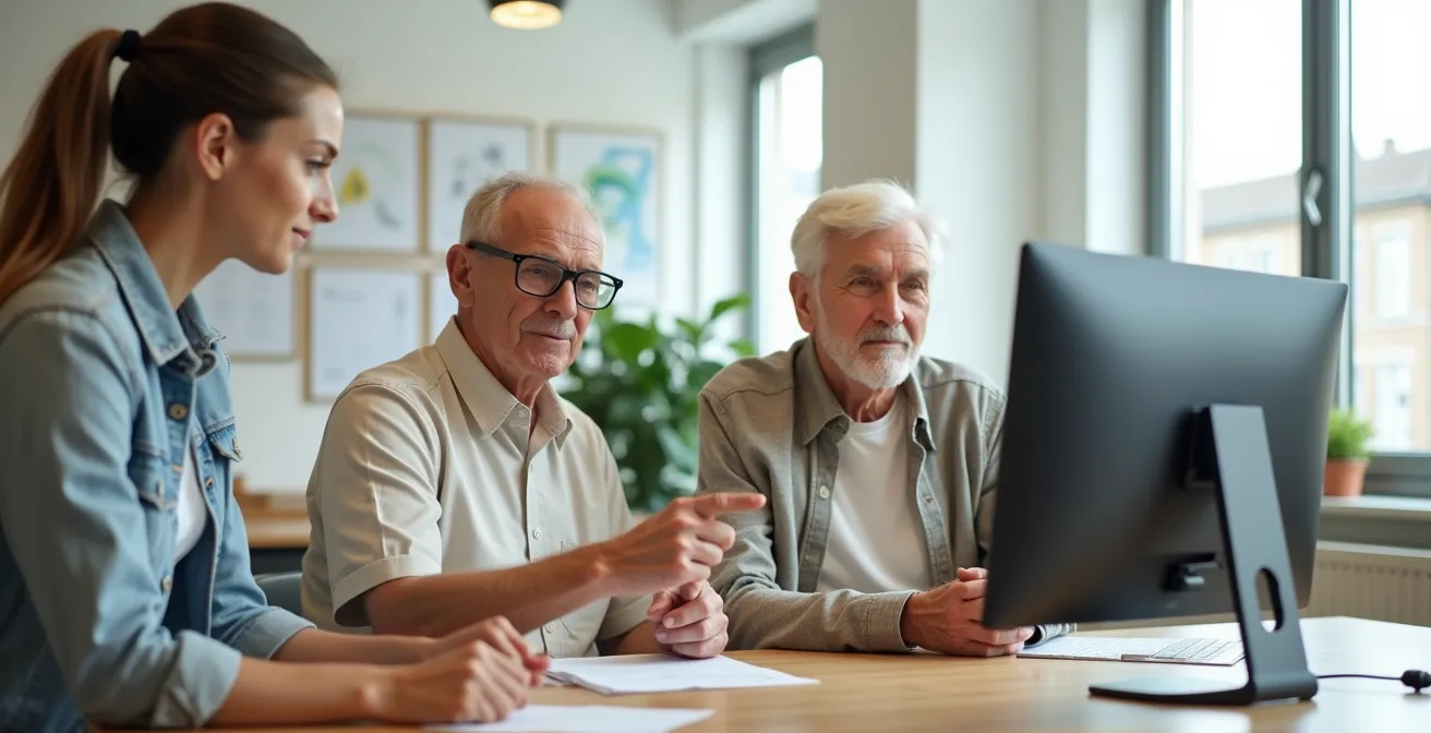Personne âgée accompagnée par un aidant devant un écran d'ordinateur pour ses démarches en ligne.