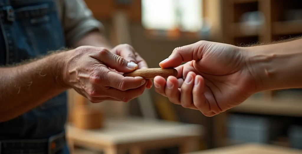 Gros plan sur des mains de différentes générations échangeant un objet artisanal en bois