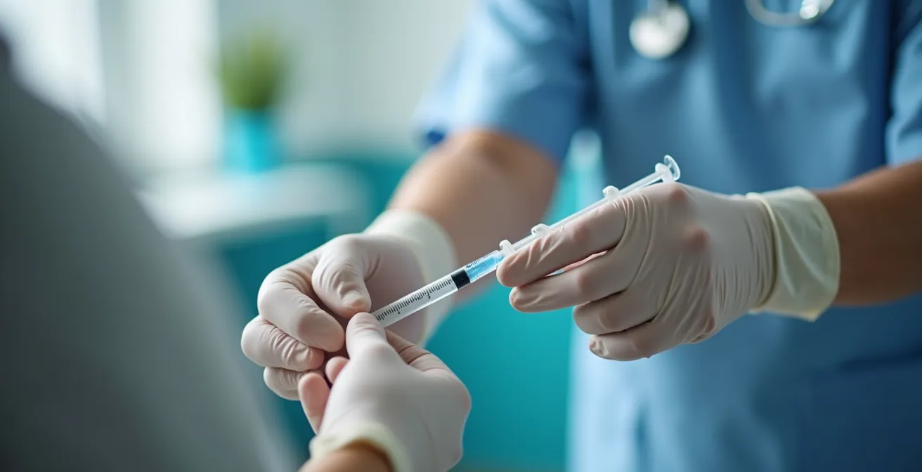 Professionnel de santé préparant une vaccination pour un patient senior