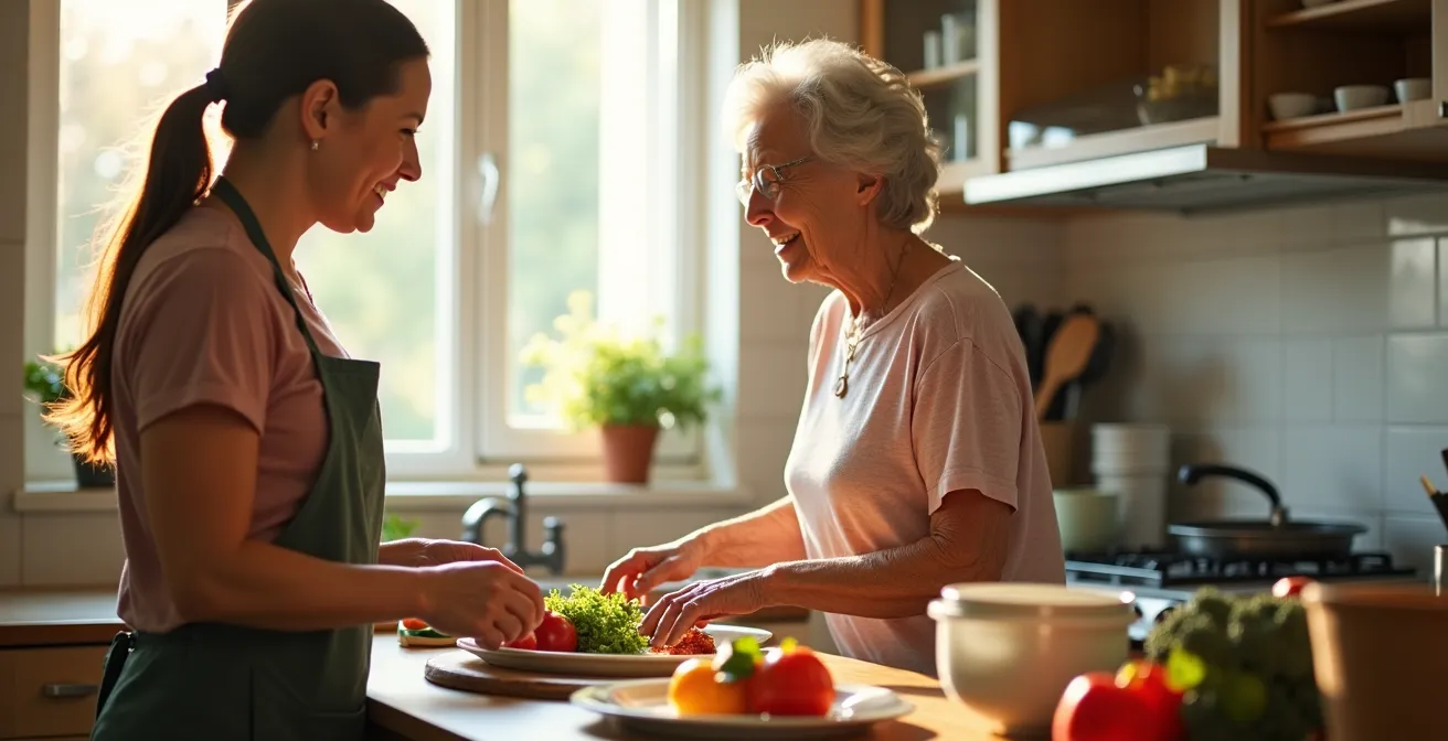 Aide à domicile partageant un moment convivial avec une personne âgée autour d'un repas