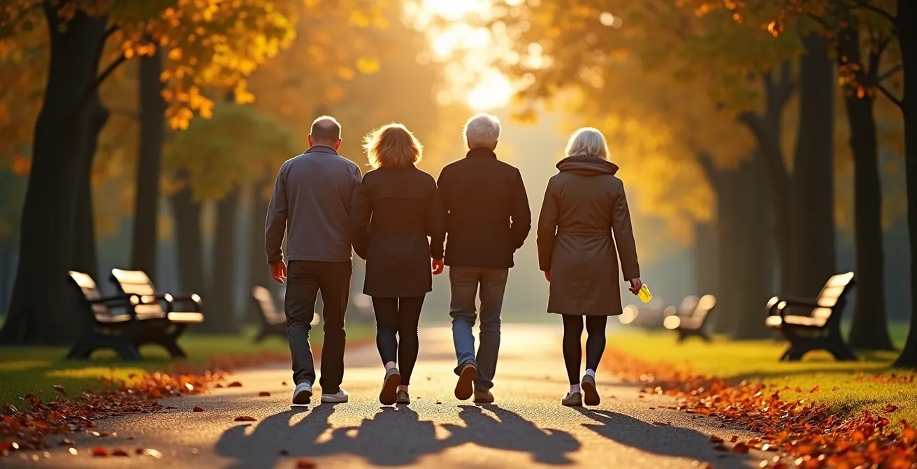Groupe d'amis seniors en promenade dans un parc, deux personnes marchant légèrement en retrait