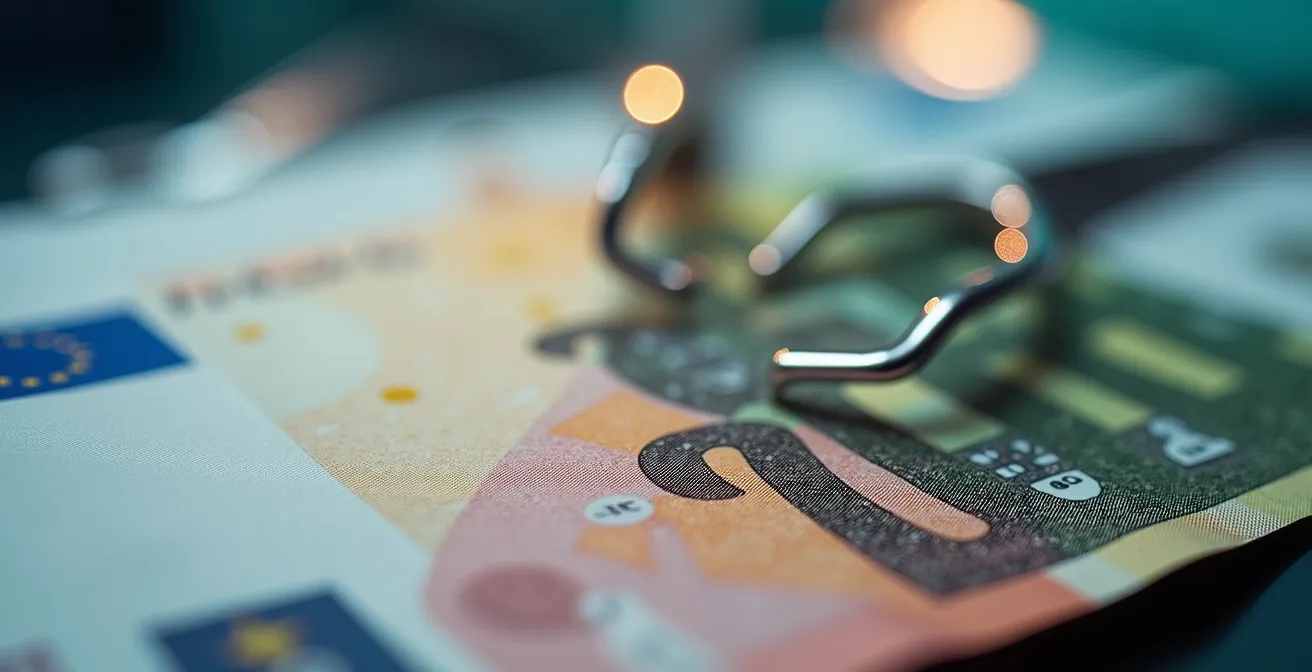 Macro détaillée de billets euros et documents médicaux abstraits pour illustrer l'analyse financière des dépassements d'honoraires.