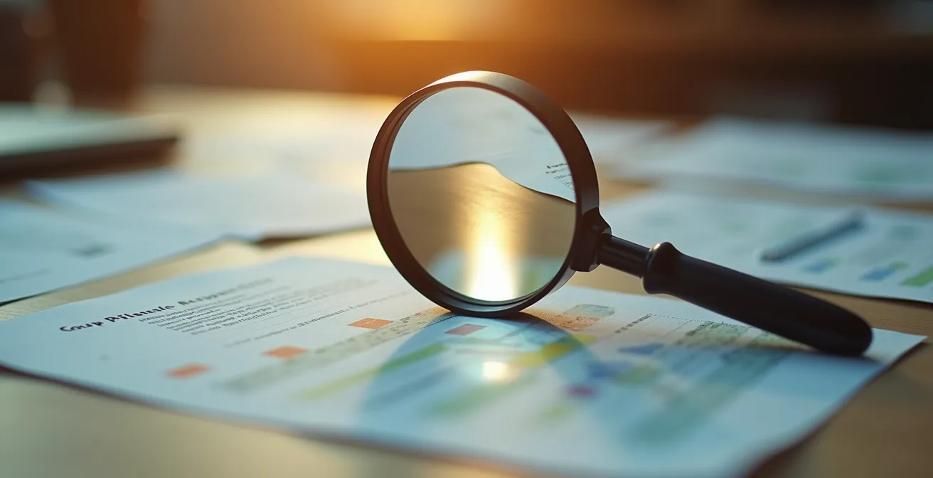 Vue macro de documents avec loupe grossissante montrant des détails flous