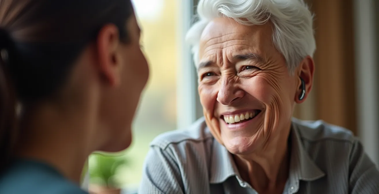 Portrait rapproché d'un senior souriant portant un appareil auditif moderne, engagé dans une conversation animée