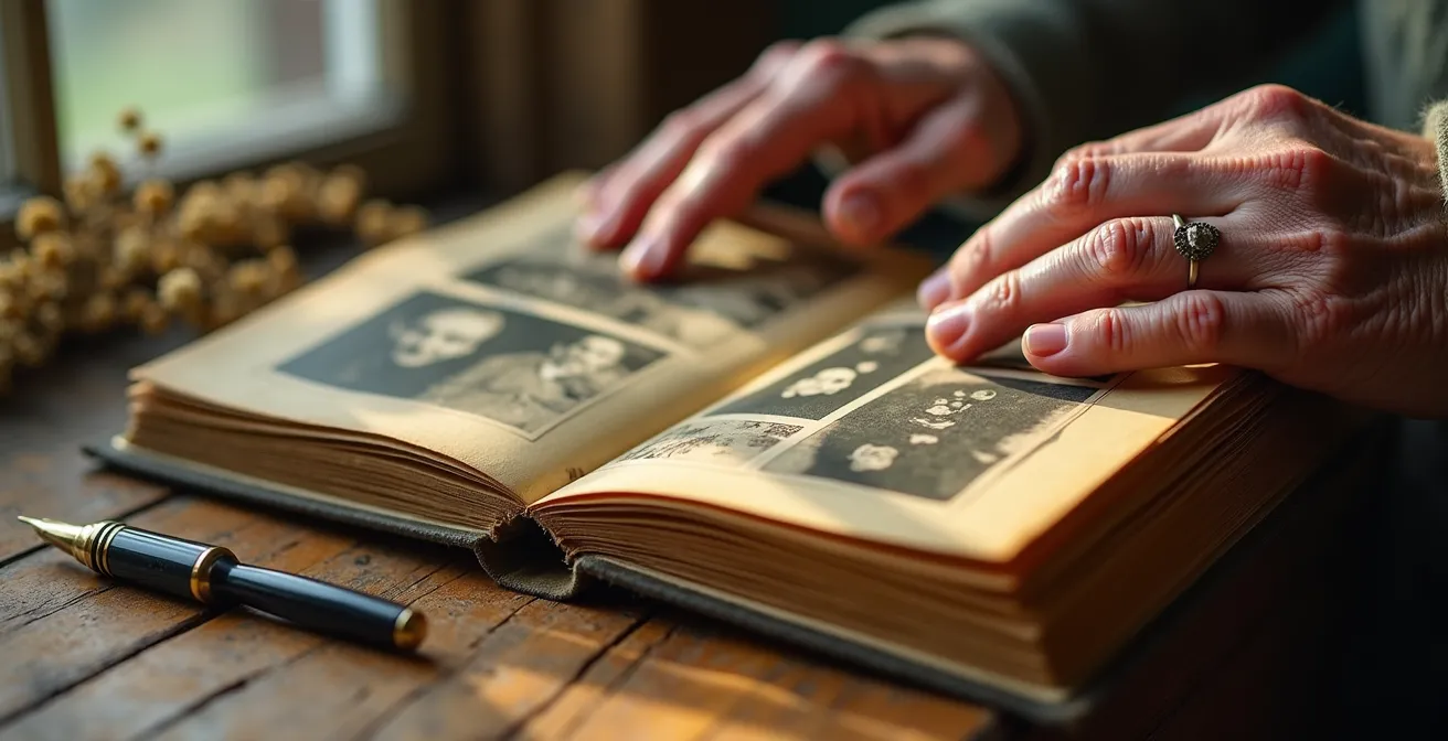 Mains de senior feuilletant un album photo familial ancien avec des documents d'archives