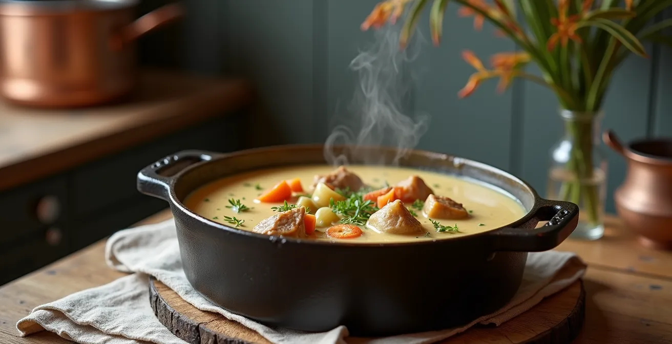 Blanquette de veau allégée avec sauce onctueuse aux légumes racines dans une cocotte en fonte