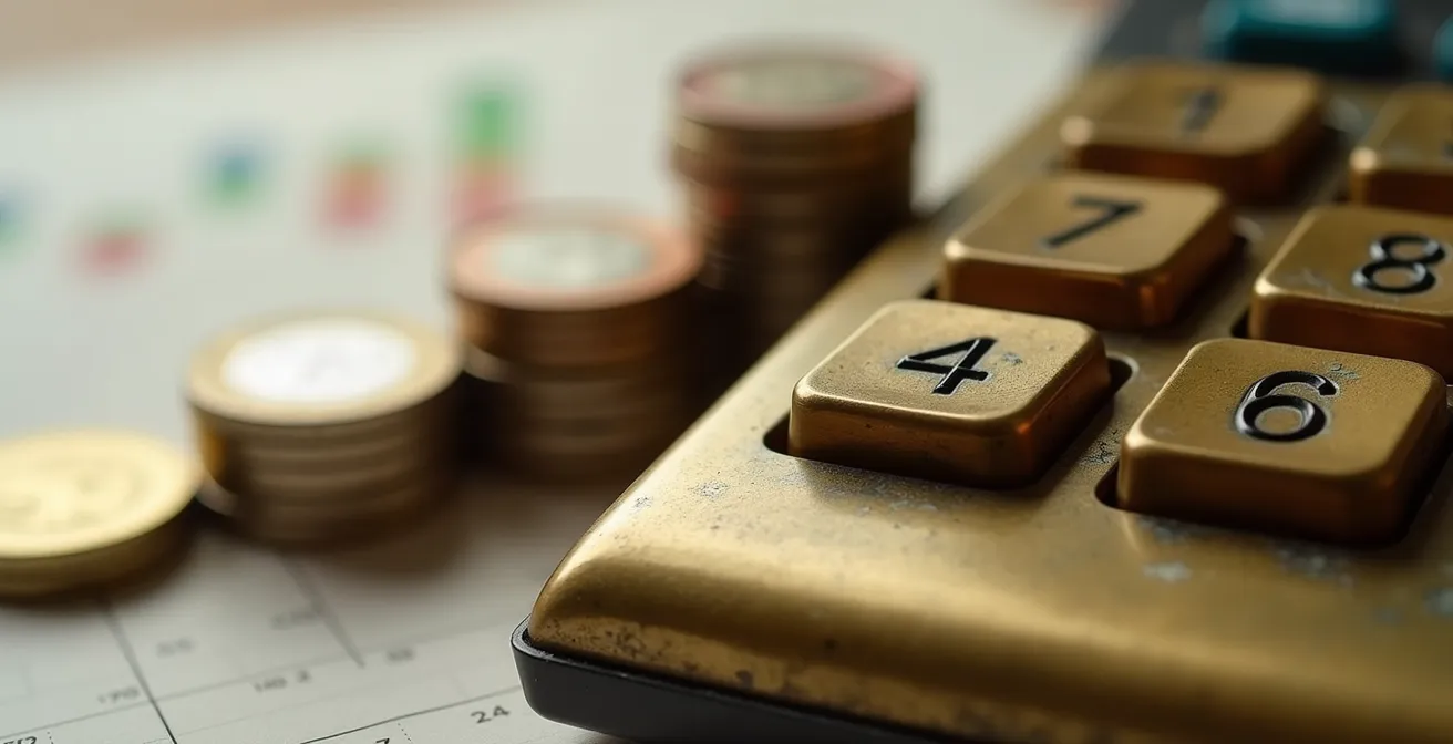 Calculatrice vintage avec graphiques de croissance et pièces d'euros en arrière-plan