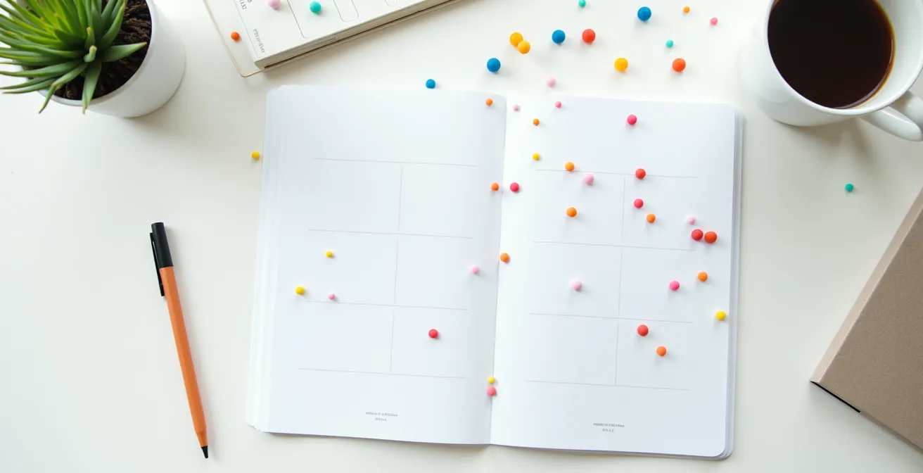 Vue aérienne minimaliste d'un calendrier avec des marqueurs colorés sur un bureau épuré