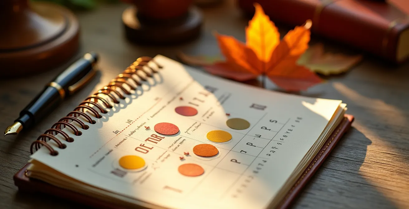 Calendrier avec marques colorées indiquant les périodes optimales de résiliation mutuelle