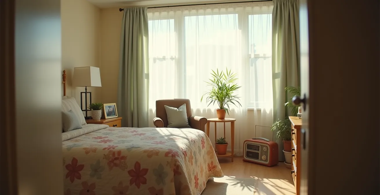 Chambre d'EHPAD personnalisée avec photos de famille et objets familiers créant une atmosphère chaleureuse