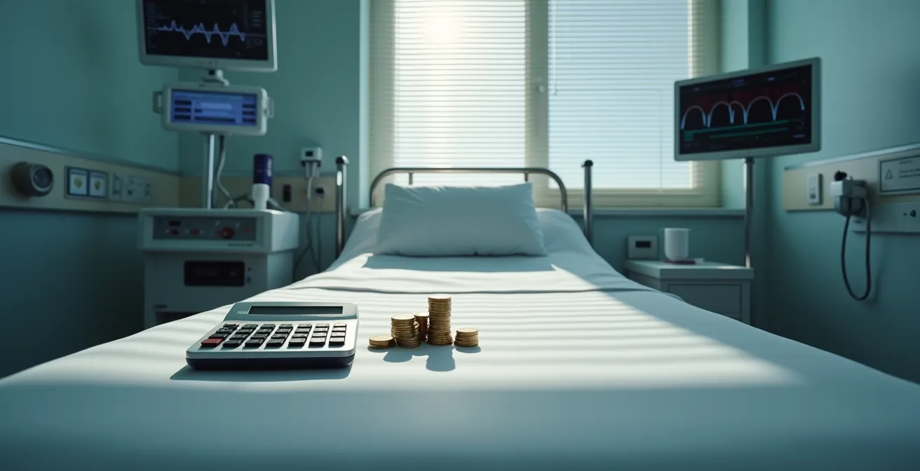 Vue d'une chambre d'hôpital moderne avec équipements médicaux symbolisant les coûts à analyser.
