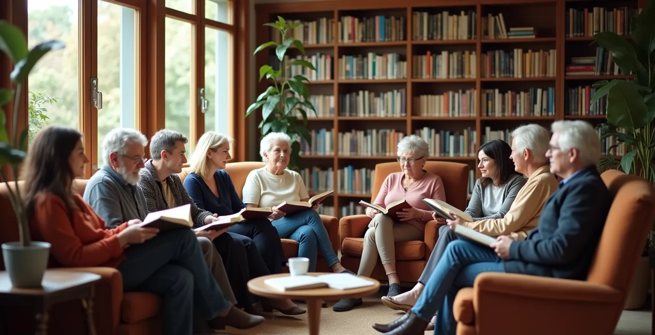 Groupe intergénérationnel participant à un club de lecture dans une bibliothèque municipale