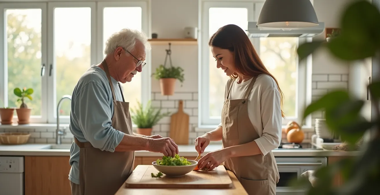 Moment de partage culinaire entre un senior et un étudiant dans une cuisine lumineuse