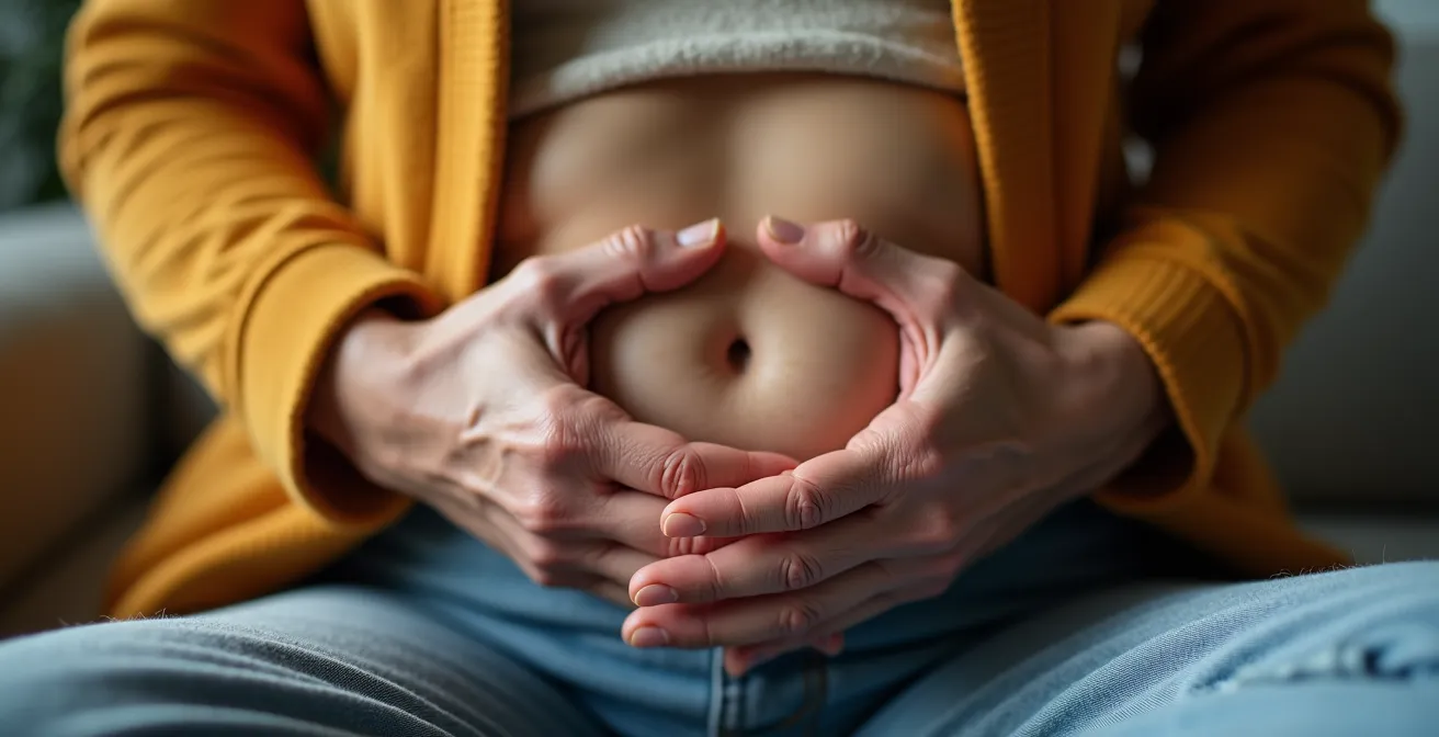 Gros plan sur les mains d'une personne âgée posées sur le ventre pendant un exercice de respiration