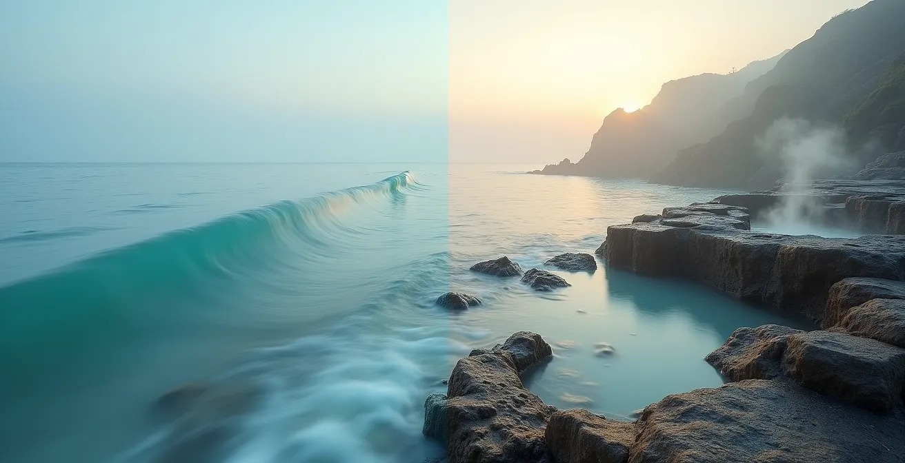 Composition visuelle montrant les différences entre eau de mer et eau thermale