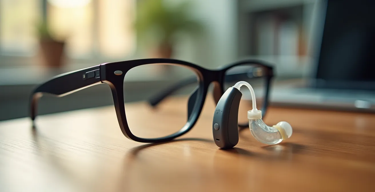 Gros plan sur des lunettes et un appareil auditif moderne posés sur une table en bois