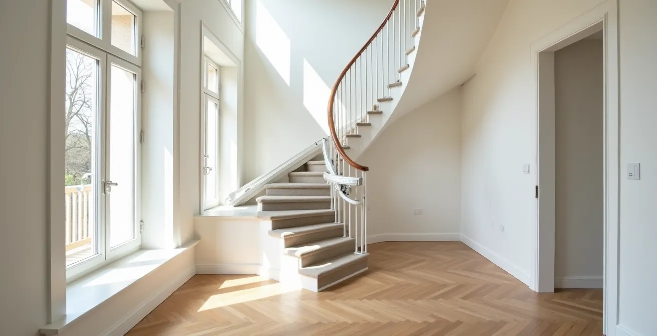 Vue d'ensemble d'un escalier équipé d'un monte-escalier discret dans une maison française