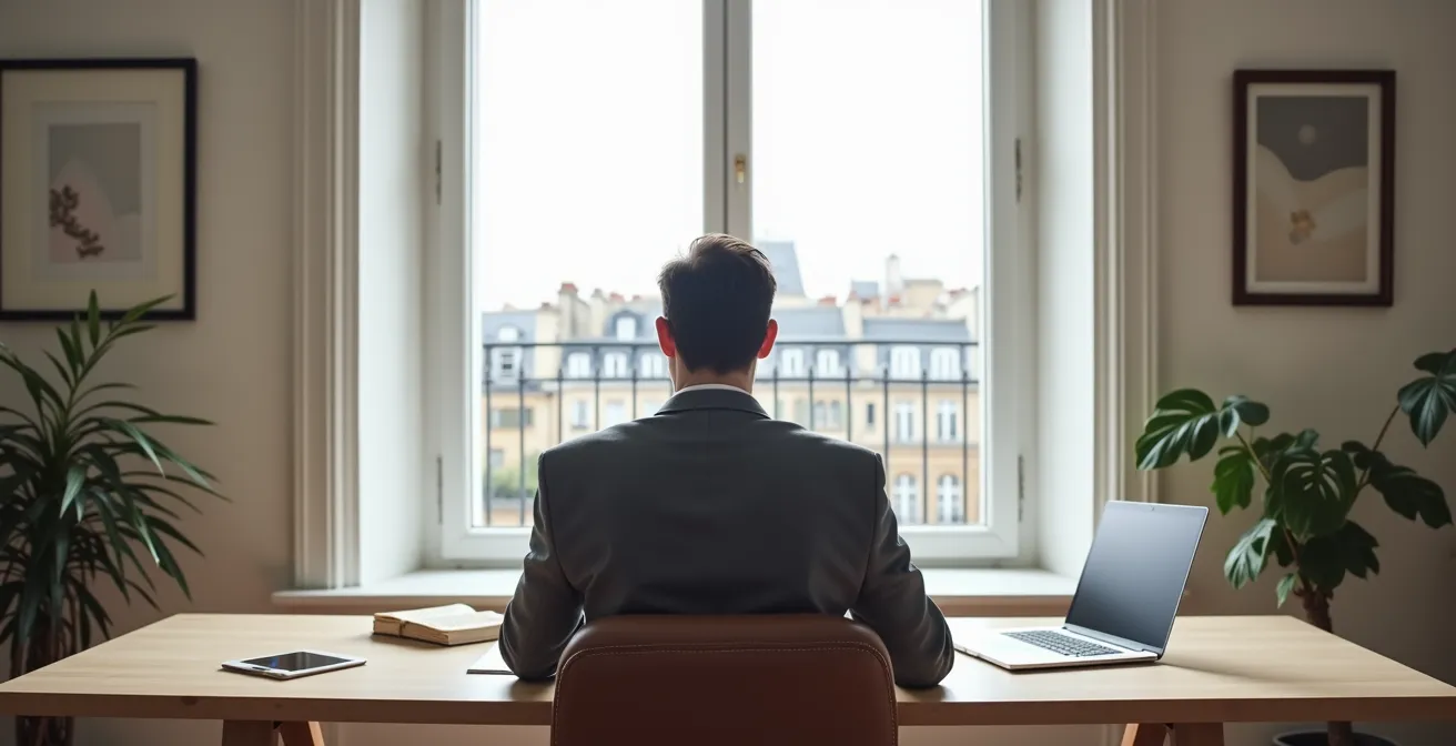 Un consultant senior travaillant sur son profil LinkedIn depuis son bureau moderne