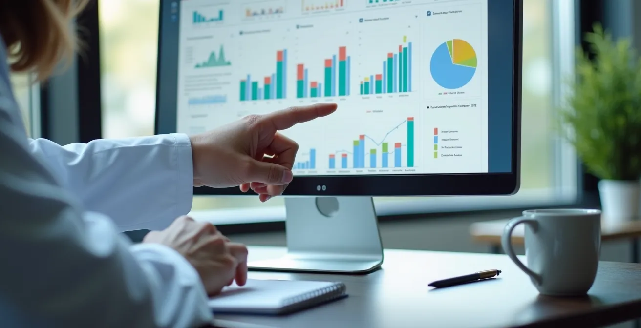 Personne consultant des rapports de certification sur un écran d'ordinateur dans un environnement médical