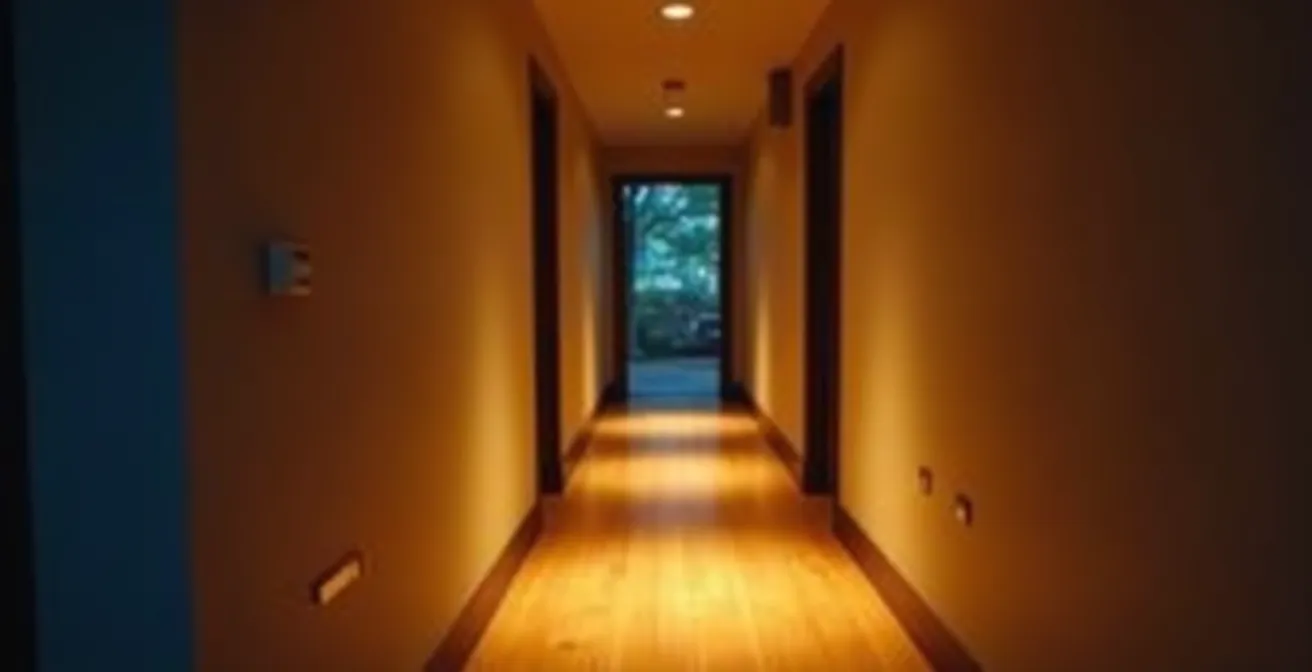 Couloir résidentiel avec système d'éclairage automatique créant un chemin lumineux sécurisé