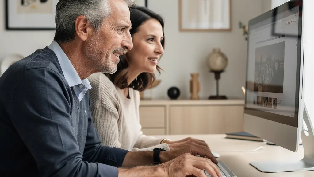 Couple français vérifiant ensemble leur relevé de carrière sur ordinateur