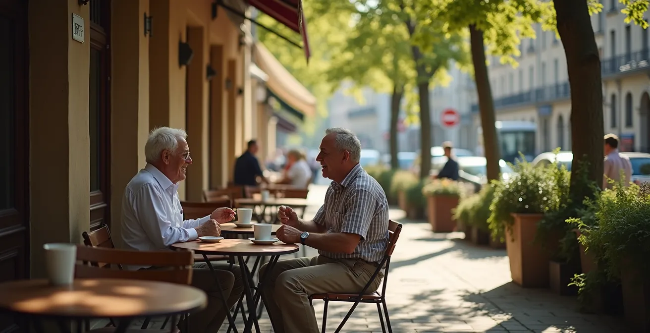 Couple senior en conversation détendue sur une terrasse de café ensoleillée