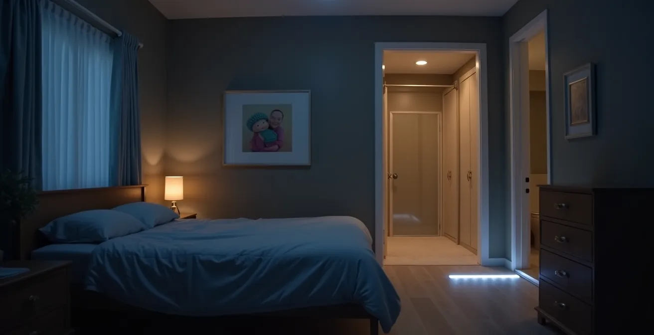 Chambre de senior avec chemin lumineux discret menant à la salle de bain