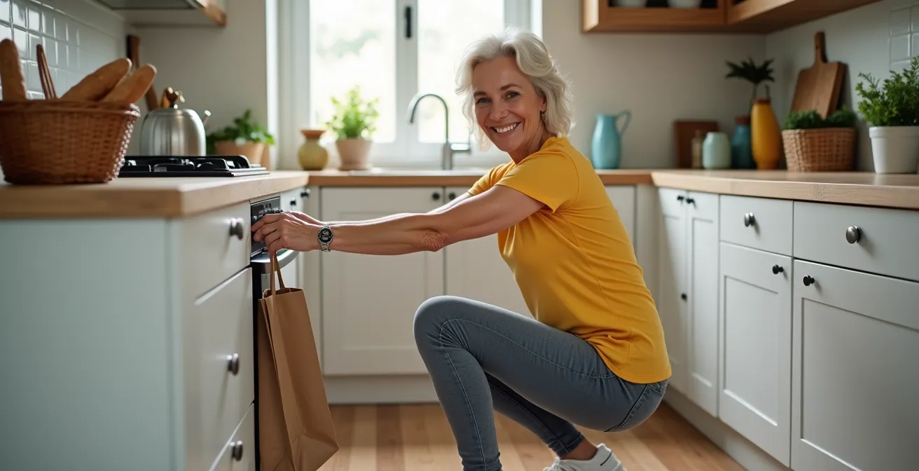 Senior effectuant des squats tout en rangeant des courses dans un intérieur français