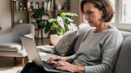 Femme française consultant son relevé de carrière retraite sur ordinateur portable dans son salon