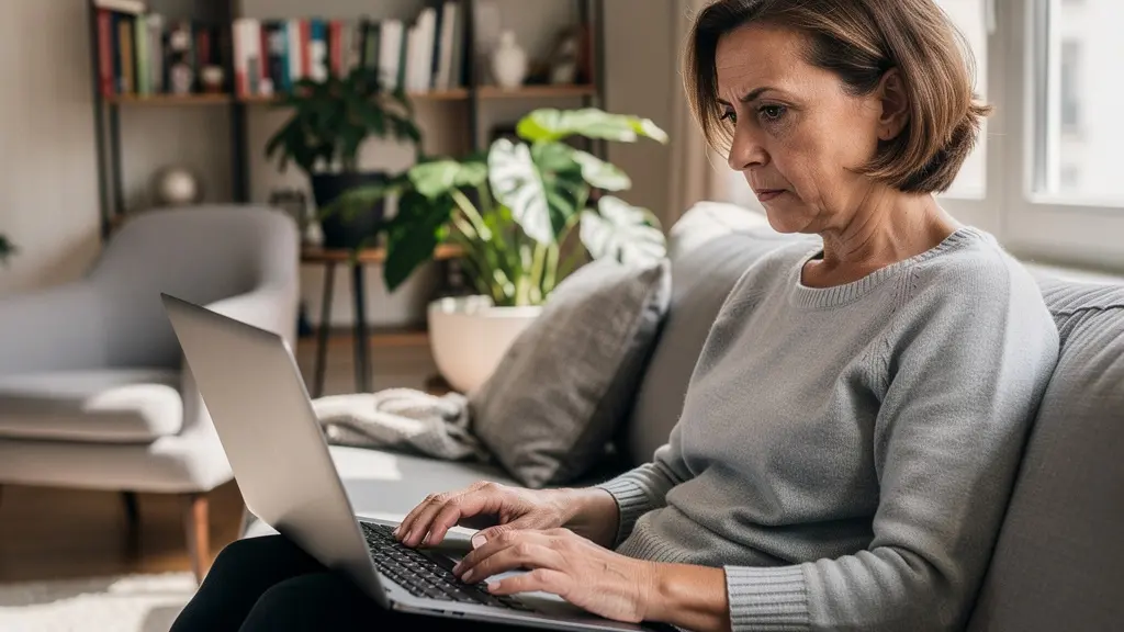 Femme française consultant son relevé de carrière retraite sur ordinateur portable dans son salon