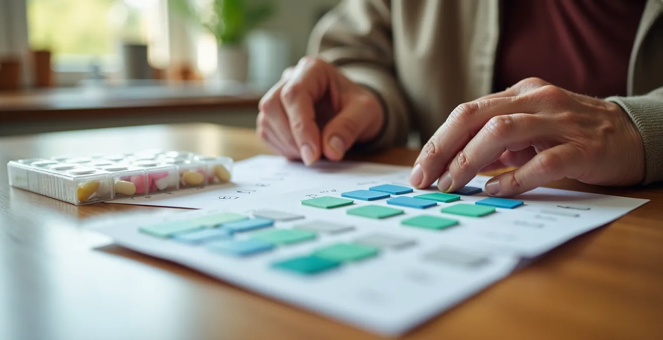 Organisation méthodique des informations médicales d'urgence sur une table de cuisine