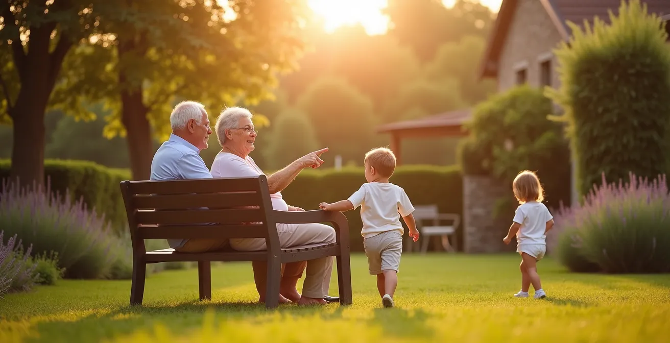 Grands-parents souriants avec leurs petits-enfants dans un jardin ensoleillé