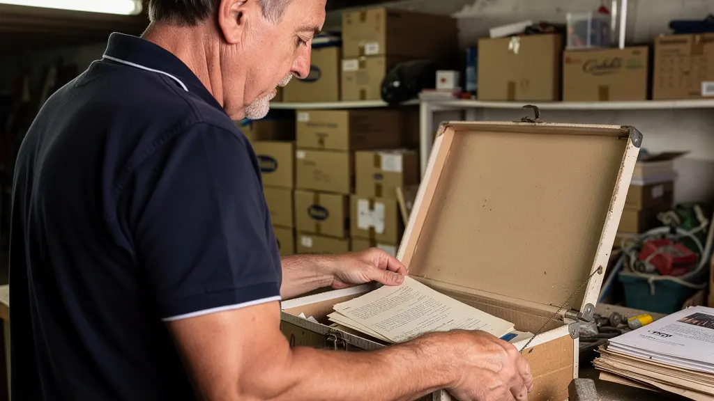Homme français recherchant d'anciens bulletins de salaire dans des cartons d'archives