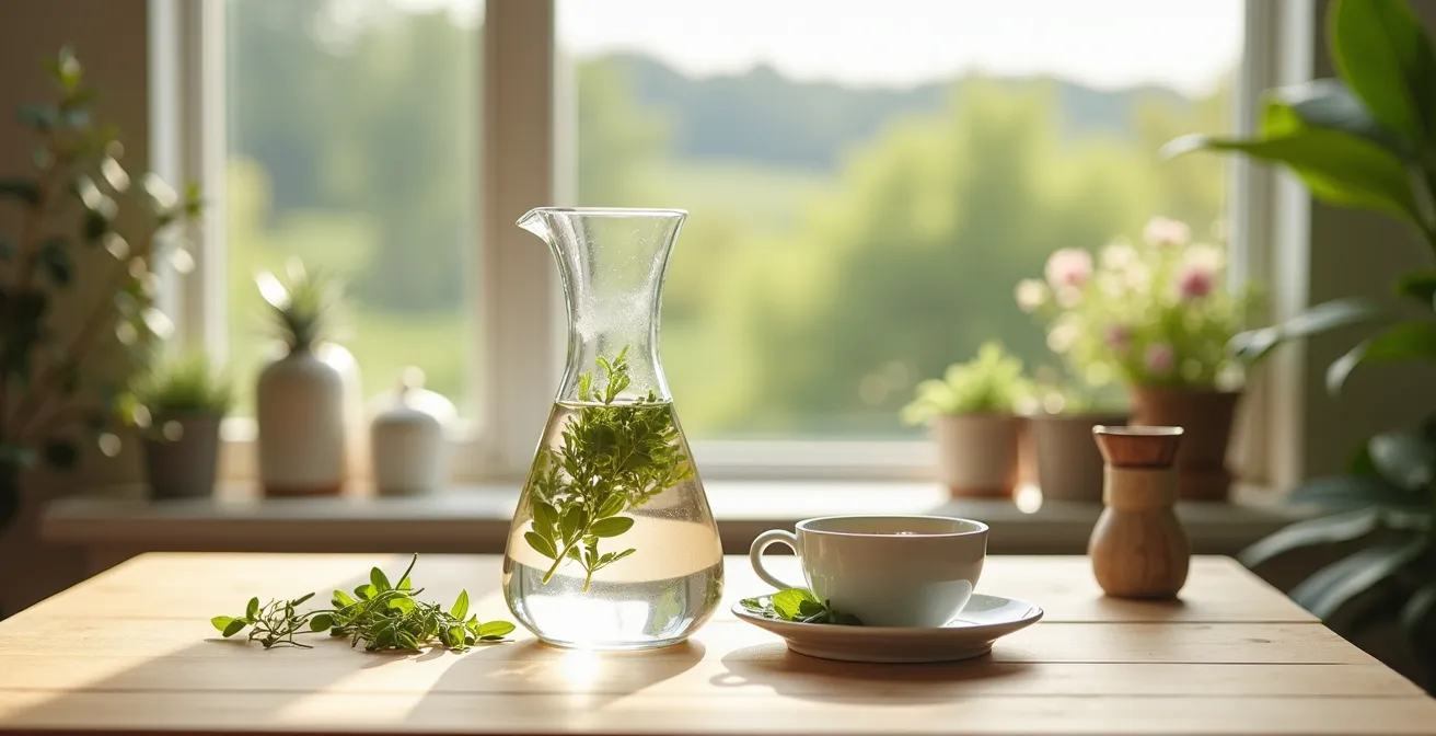 Carafe d'eau et tasse de tisane sur table avec plantes aromatiques françaises