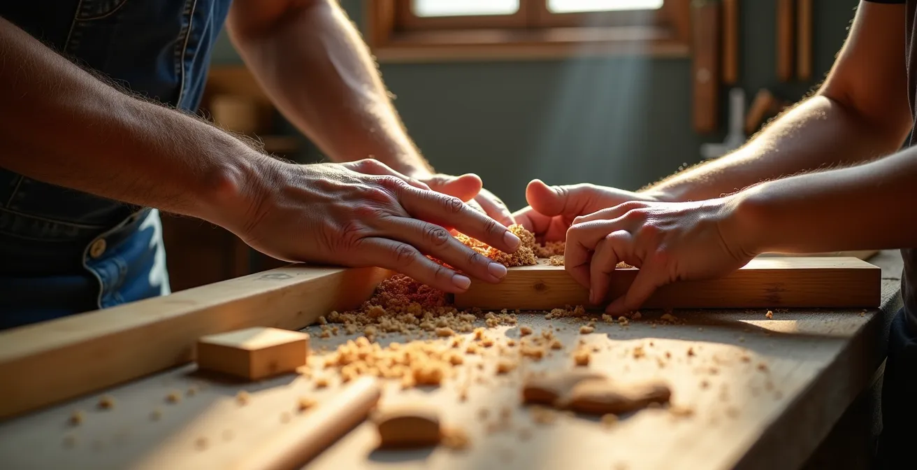 Senior français pratiquant une activité de transmission intergénérationnelle dans un atelier