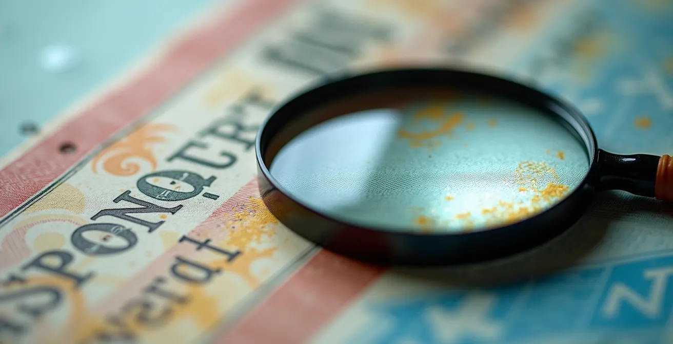 Vue macro de documents administratifs avec loupe révélant des détails cachés